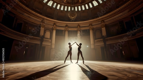 Elegant dancers silhouette in grand hall. Artistic performance in theater ambiance. Modern dance and ballet fusion concept. Exquisite lighting and shadows play. AI