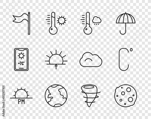 Set line Sunset, Moon, Meteorology thermometer, Earth globe, windsock wind vane, Sunrise, Tornado and Celsius icon. Vector