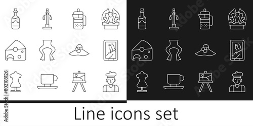 Set line French man, Portrait in museum, press, Frog legs, Cheese, Bottles of wine, Elegant women hat and Street light icon. Vector