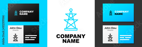 Blue line Electric tower used to support an overhead power line icon isolated on white background. High voltage power pole line. Logo design template element. Vector