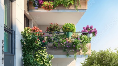 Residential condominium with balconies adorned with potted trees and flowering plants, blending nature with urban living.