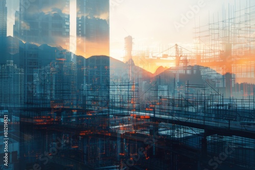 A double exposure of a construction site and a futuristic skyline merging seamlessly