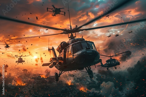 Military helicopters, troops and tanks with airplanes at war at sunset, hyperrealistic photo