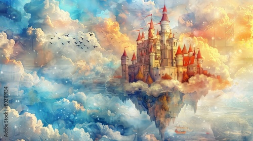 The image is a beautiful depiction of a castle floating in the sky. The castle is surrounded by clouds and has a rainbow over it.
