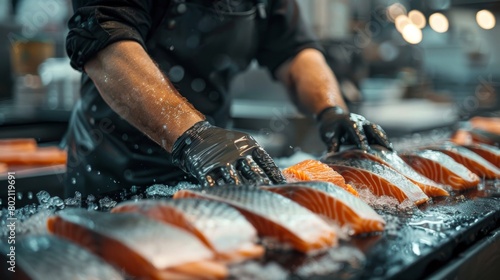 Highly detailed real-world photography illustrating sustainable seafood processing practices while preserving naturalness