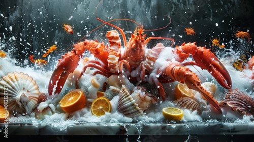 A large lobster is surrounded by a variety of seafood, including shrimp