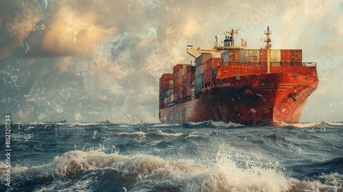 Close-up real-photo shot capturing the departure of the international cargo ship from the seaside port, seamlessly integrated with natural elements