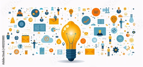 Innovative Lightbulb with Diverse Business Icons and Interconnected Activities