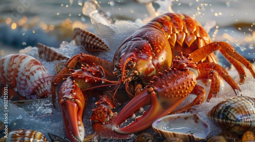 A large lobster is sitting on top of a pile of shells
