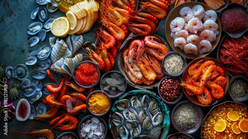 A table full of seafood and other food items