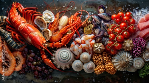 A table full of seafood and vegetables, including shrimp, tomatoes, and oysters