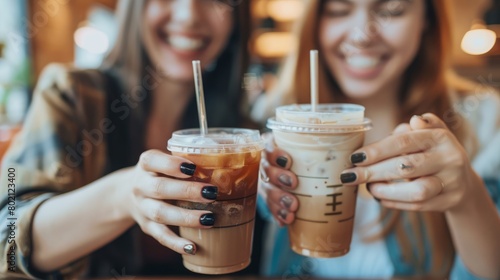 Girls having good time,cheering and drinking cold drinks, enjoying friendship together in coffee shop, close up view on hands