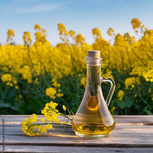 Rapeseed oil in a bottle and a field of flowering rapeseed in the background