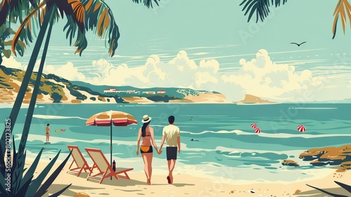 cartoon tourists splashing in the water and sunbathing under the summer sun on the beach