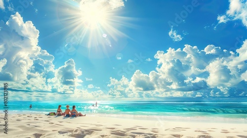 tourists splashing in the water and sunbathing under the summer sun on the beach landscape