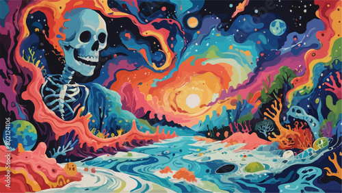 Illustration of Colorful Swirls and Human Skulls with Psychedelic Art Depicting the Increasingly Alarming Climate Change on the Planet.