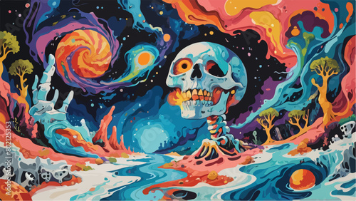 Illustration of Colorful Swirls and Human Skulls with Psychedelic Art Depicting the Increasingly Alarming Climate Change on the Planet.
