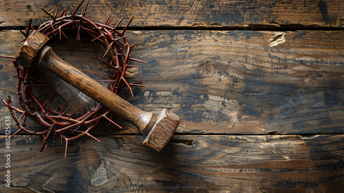 Crown of thorns with nails mallet and text GOOD FRIDAY