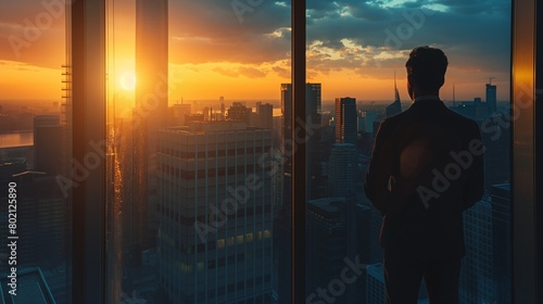 A business strategist contemplating while looking out a high-rise window