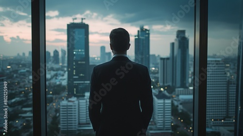 A business strategist contemplating while looking out a high-rise window