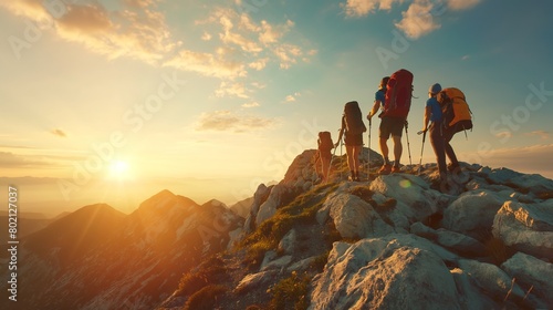 A group of hikers reaching the summit of a mountain, faces beaming with accomplishment.