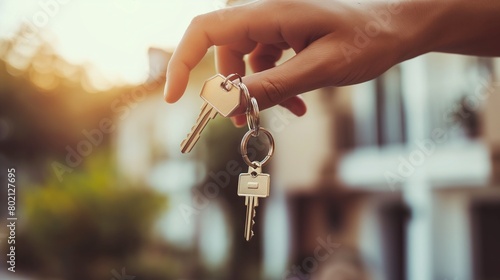 A real estate agent handing keys to new homeowners