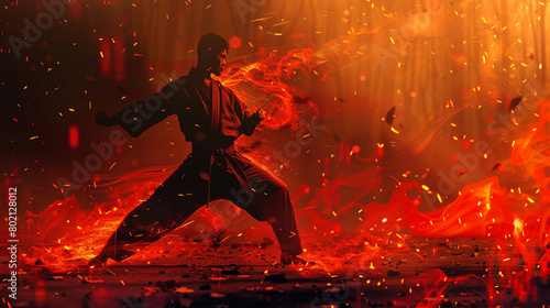 Martial arts dojo with fiery red particles pulsating amidst a softly blurred setting, embodying the discipline and skill of martial artists.