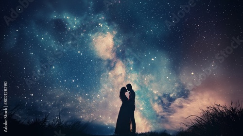 A young couple stealing a kiss under a star-filled sky, the world around them fading into the background.