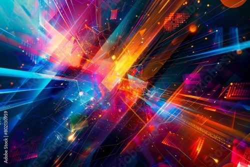 An energetic and vibrant abstract background filled with bright lights and geometric shapes