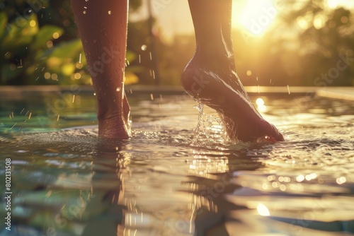 A person with dewy skin stands at the edge of a pool, dipping their feet into the water