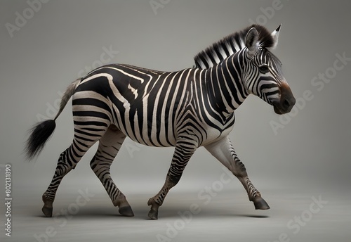 A zebra trotting on a light gray background, generative AI