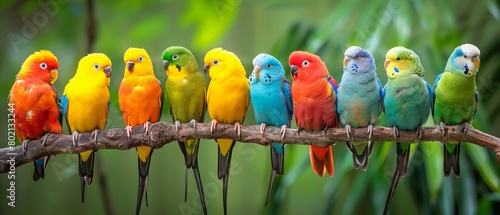 Row of colorful tropical birds on a branch vibrant plumage