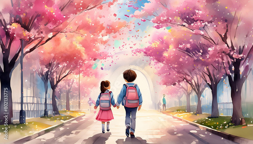 新入学児童が桜のトンネルをくぐって入学式へ向かうイメージ