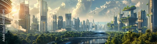 A beautiful digital painting of a futuristic city with a river running through it and green vegetation everywhere