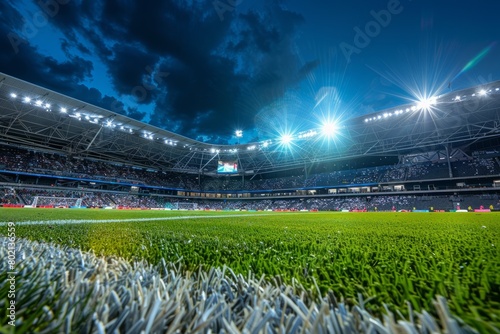 A view of a lively soccer stadium, featuring a vibrant green field under the glow of bright floodlights, capturing the excitement of the game