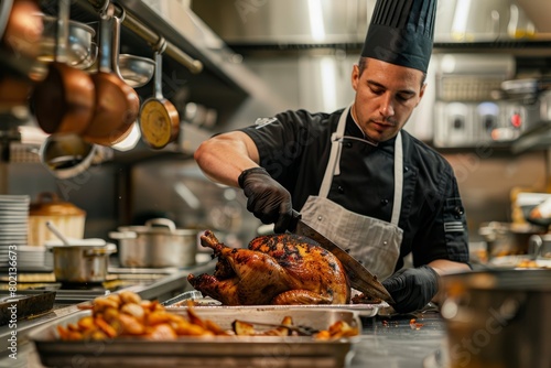 A man is carving a succulent roasted turkey on a kitchen counter