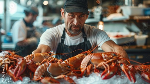 A man is holding a bunch of lobsters in a freezer