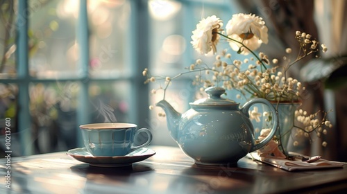 A porcelain teapot and teacup, exuding elegance and sophistication in a tranquil setting