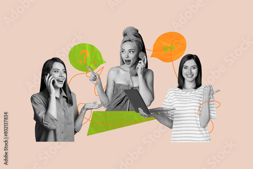 Creative image collage picture happy cheerful woman communicate each other via telephone network landline digital devices textbox speech