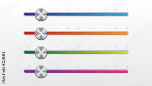 Slider buttons for switch off, website or app menu bars and settings switcher controls in music player UI. UI slider bar buttons, control, web interface volume slide toggles, realistic vector.