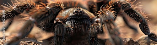 A close up of a tarantula spider. The spider is brown and hairy, with eight legs and two large fangs.