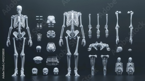 A collection of human bones and skulls are shown in various positions