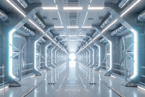 Inside a 3D futuristic lab with rows of mini wind turbines, clinical lighting.