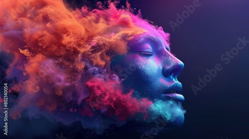 face gradually vanishing into a burst of multicolored vapor.