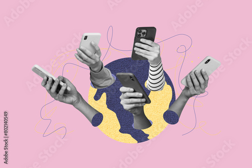 Creative image collage human hands holding smartphones digital era devices social network addicted users drawing background