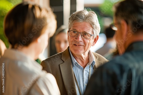 A middleaged businessman wearing glasses engaging in conversation with a group of people at a networking event, showcasing interpersonal skills and relationship-building