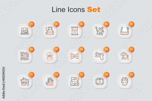 Set line Artificial intelligence robot, First aid kit, Futuristic sliding doors, Mechanical hand, weapon, Eye scan, and Neural network icon. Vector