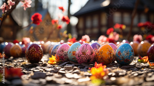 Artisanal Easter Eggs Adorned with Nature-Inspired Designs in a Rustic Village Setting, AI Generated