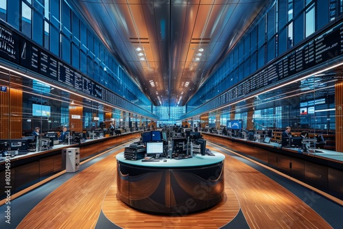 A wide shot of a modern trading floor in a stock exchange bustling with traders working on desks and computers