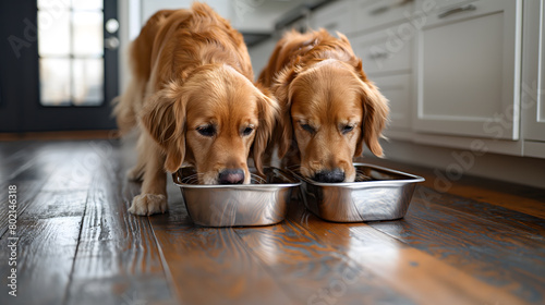 Two Golden Retrievers Enjoying Mealtime in a Kitchen Setting